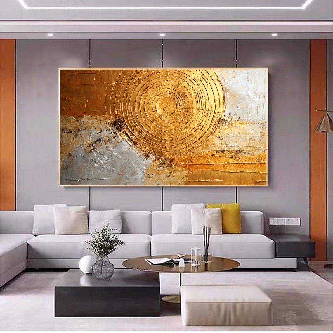 Gold Circle Sun Gray White Marble Textured Abstract Painting Poster - Image 3