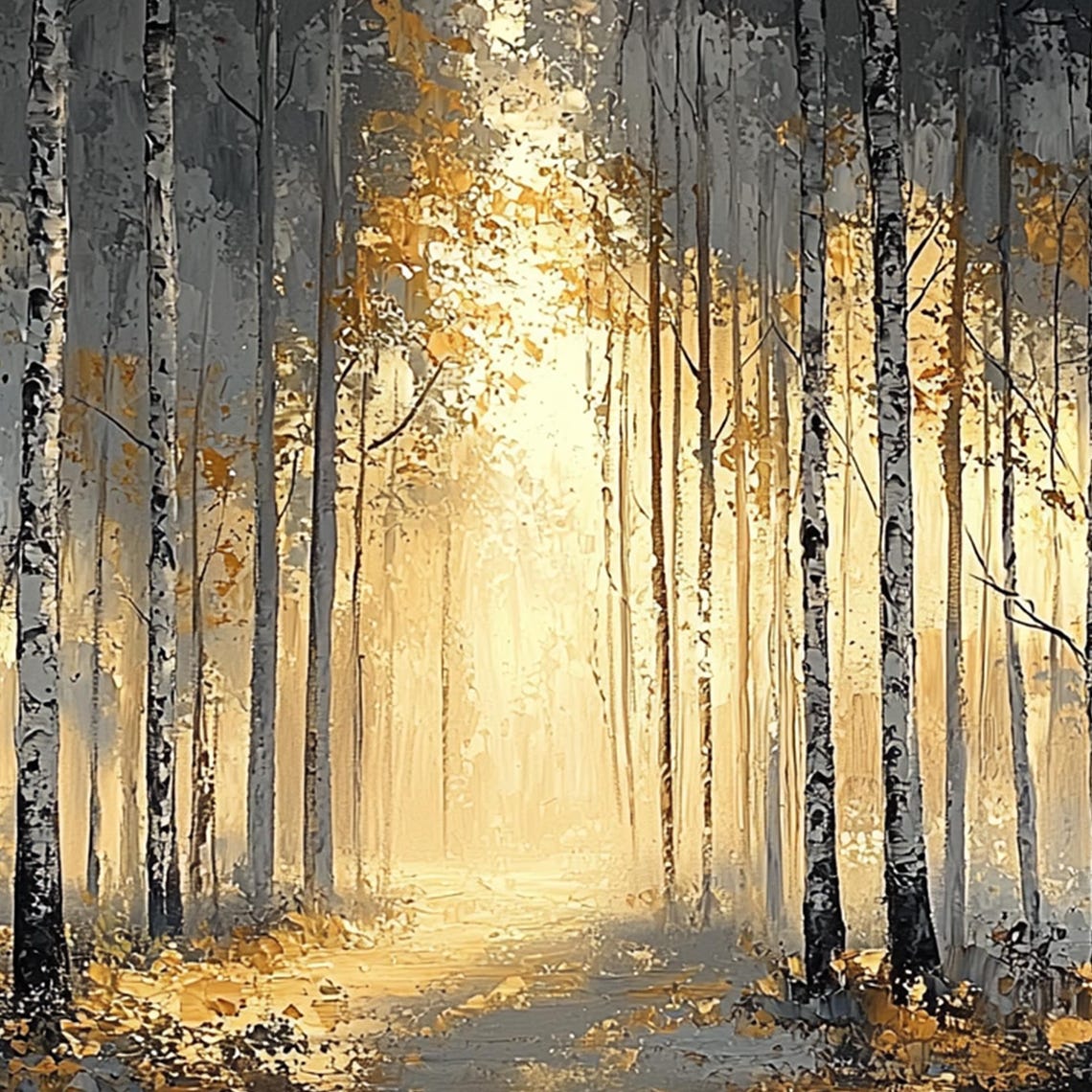 Sunlit Birch Forest Path with Golden Light on Gray Trees Poster - Image 6