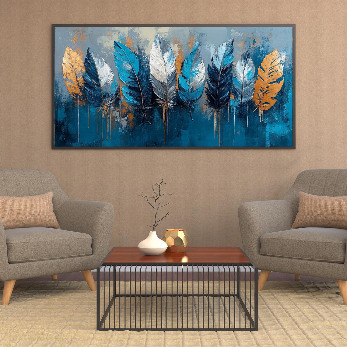 Blue and Gold Feathers Row with Metallic Drip Accents Poster - Image 3