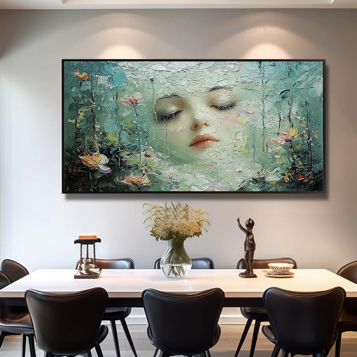 Sleeping Woman Face Emerging from Green Floral Texture Poster - Image 2