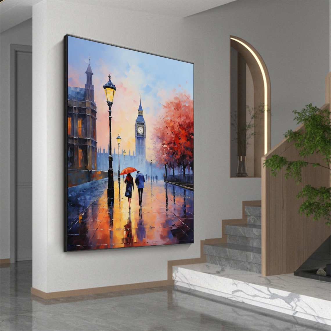 Evening London Promenade Big Ben Couple with Red Umbrella Poster - Image 7