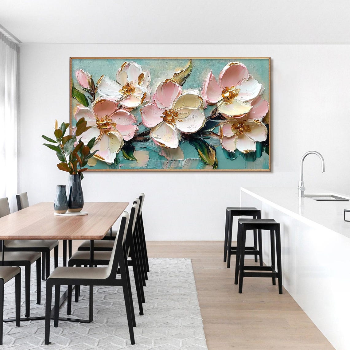 Pink Magnolia Blossoms with Gold Edges on Teal Canvas Art Poster - Image 4
