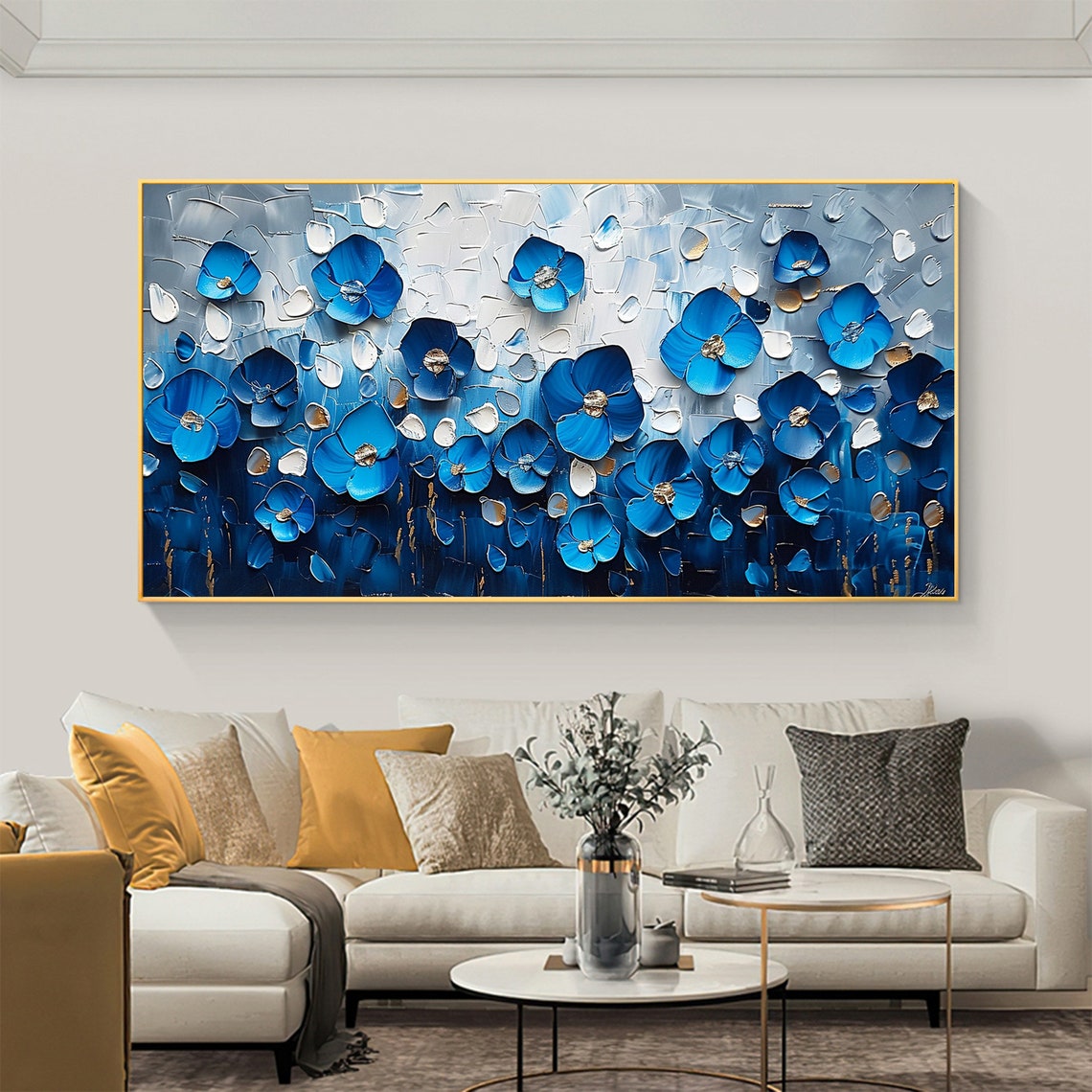 Cobalt Blue Blossom Row with Gold Centers Textured Art Poster - Image 2