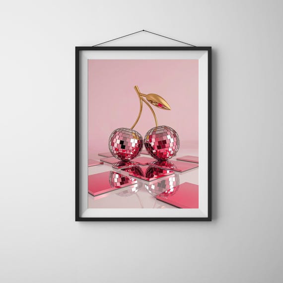 Cherry Disco Ball Wall Art Pink Pop Poster Glam Print Funky Modern Decor Retro
