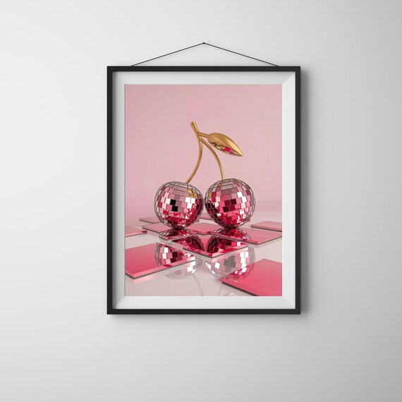 Pink Disco Ball Cherries Wall Art Glam Retro Funky Fruit Decor