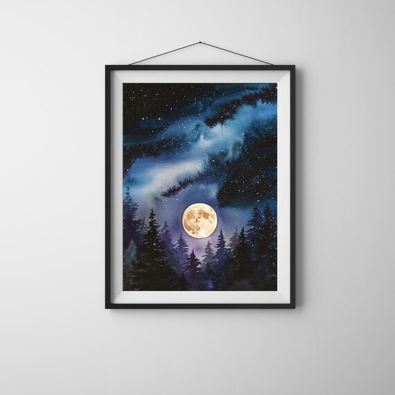 Full Moon Forest Wall Art Night Sky Starry Landscape Watercolor Decor Nature Bedroom Print