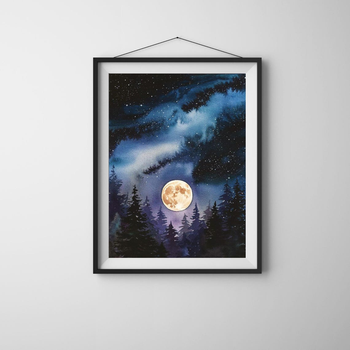 Full Moon Forest Wall Art Night Sky Starry Landscape Watercolor Decor Nature Bedroom Print