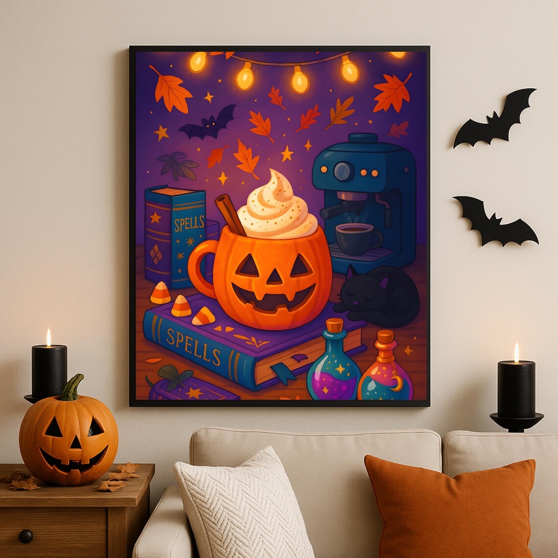 Halloween Coffee Pumpkin Latte, Autumn Witch Kitchen Decor