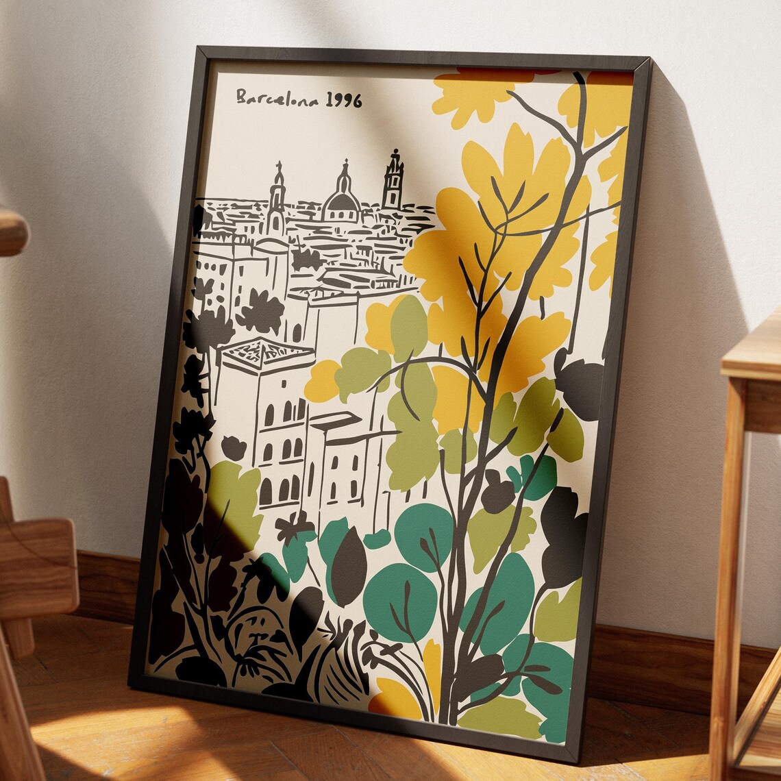 Barcelona 1996 Autumn Cityscape Yellow Trees Vintage Travel Poster