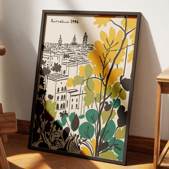 Barcelona Cityscape Poster Abstract Geometric Design With Bold Shapes And Autumn Colors Retro Minimalist Urban Landscape Wall Art Print