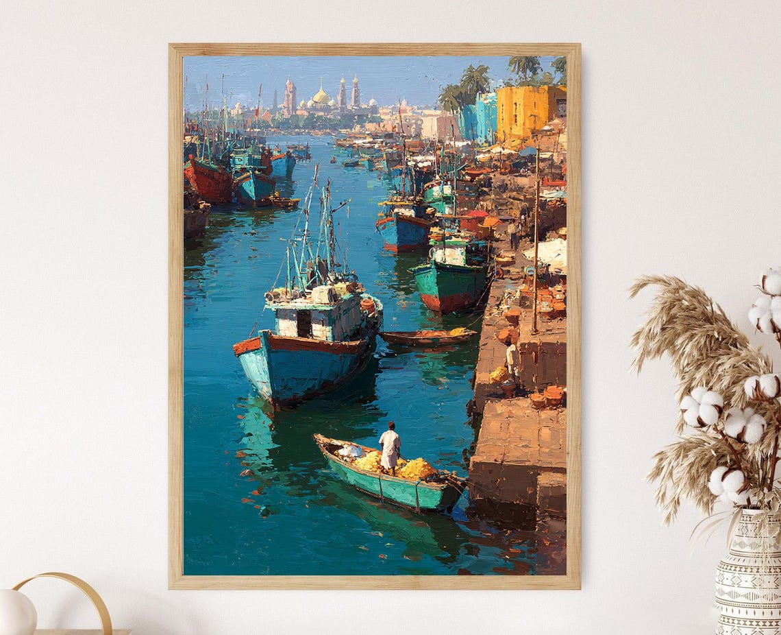 Karachi Fisherman Painting Harbor Scene With Colorful Boats And City Skyline Coastal Pakistan Poster Art Print