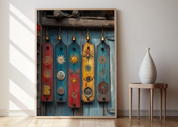 Nepalese Sun And Moon Plaque Illustration Folklore Wooden Ornament Art Print