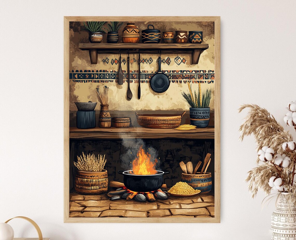 South African Rustic Kitchen Art Print Traditional Cooking Scene Potjie Pot Decor