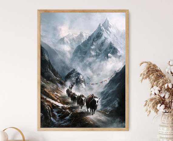 Yak Caravan Snowy Himalayan Mountain Pass Prayer Flags Poster
