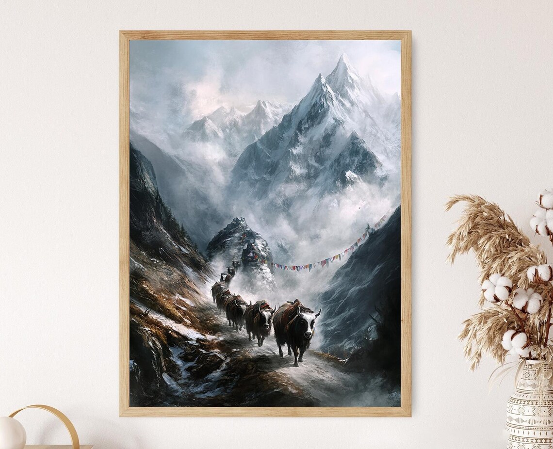 Yak Caravan Snowy Himalayan Mountain Pass Prayer Flags Poster