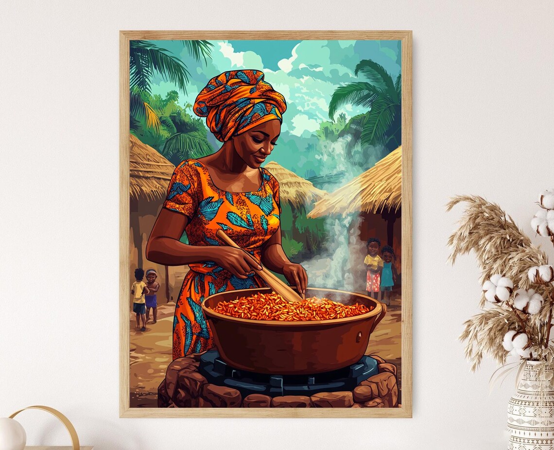 Nigerian Woman Cooking Jollof Rice Art Print Traditional African Kitchen Outdoor Village Scene