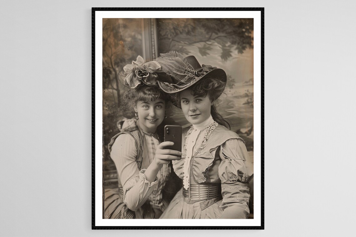 Two Victorian Women Taking A Selfie With A Smartphone Funny Poster
