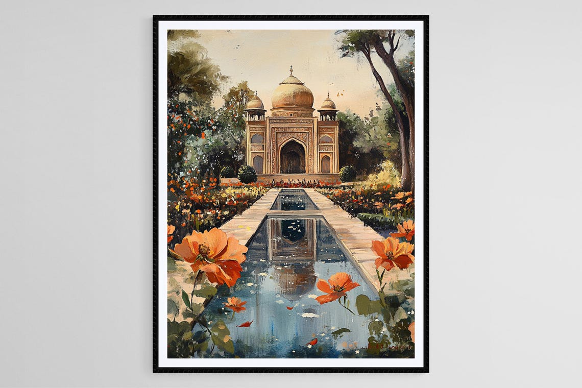 Mughal Garden Art Print Indian Heritage Garden With Floral Motifs Elegant Architecture