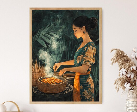 Woman Grilling Satay Skewers in Lush Green Tropical Jungle Poster