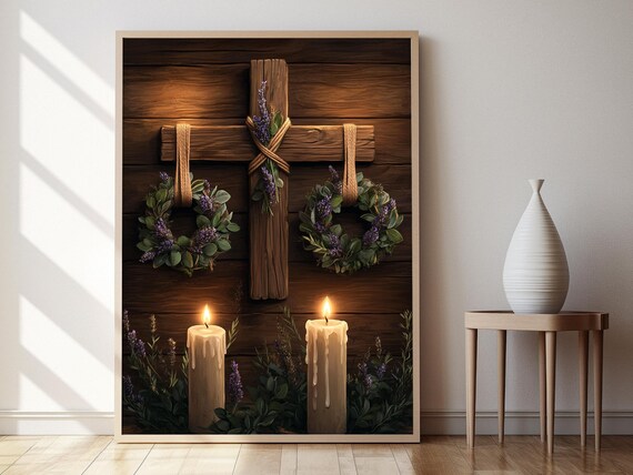 Rustic Wooden Cross with Wreaths and Lit Candles Faith Wall Art
