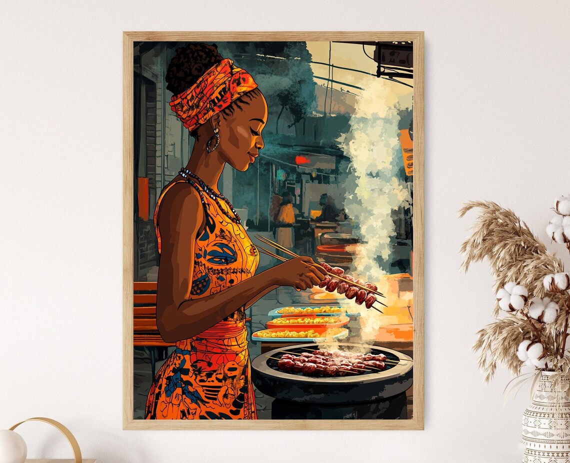 Tanzanian Woman Grilling Nyama Choma Art Print African Street Food Scene Traditional Cooking Decor