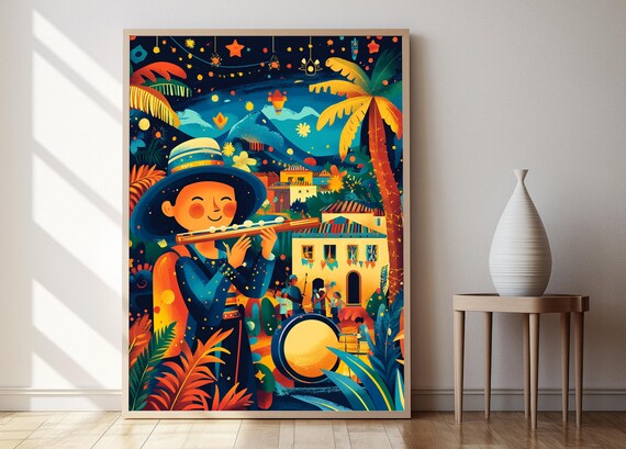 Colombian Gaita Flute Player Whimsical Folk Art Night Poster