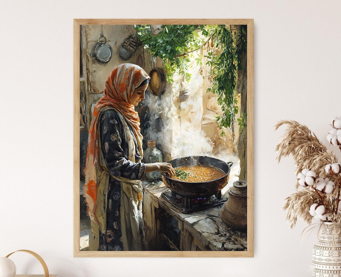 Palestinian Cooking, Woman in Rustic Kitchen