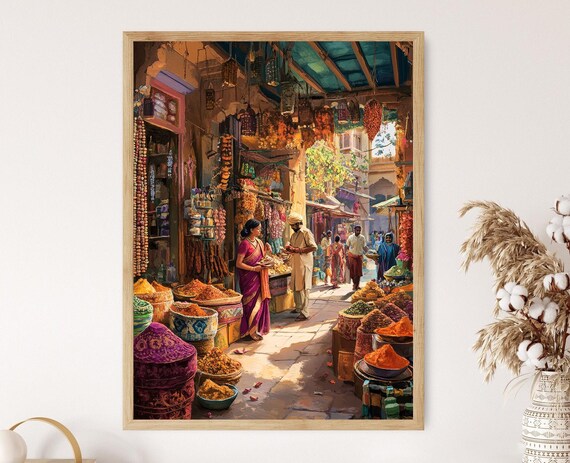 Indian Spice Market Art Print, Sari Stalls and Henna