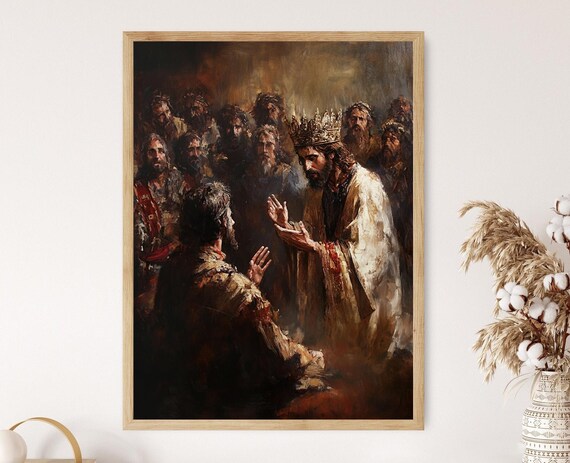 Crowned Biblical King Bestowing Blessing on a Kneeling Man Poster