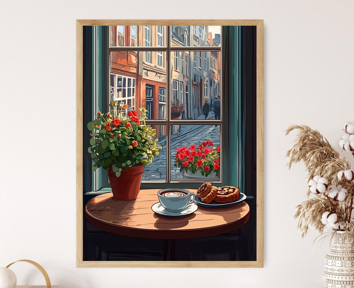 Swedish Fika Caf Window Scene With Coffee And Princess Cake Cozy Scandinavian Bakery Moment Art