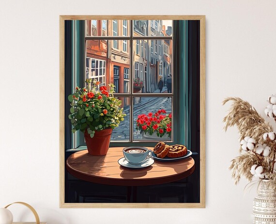 Swedish Fika Caf Window Scene With Coffee And Princess Cake Cozy Scandinavian Bakery Moment Art