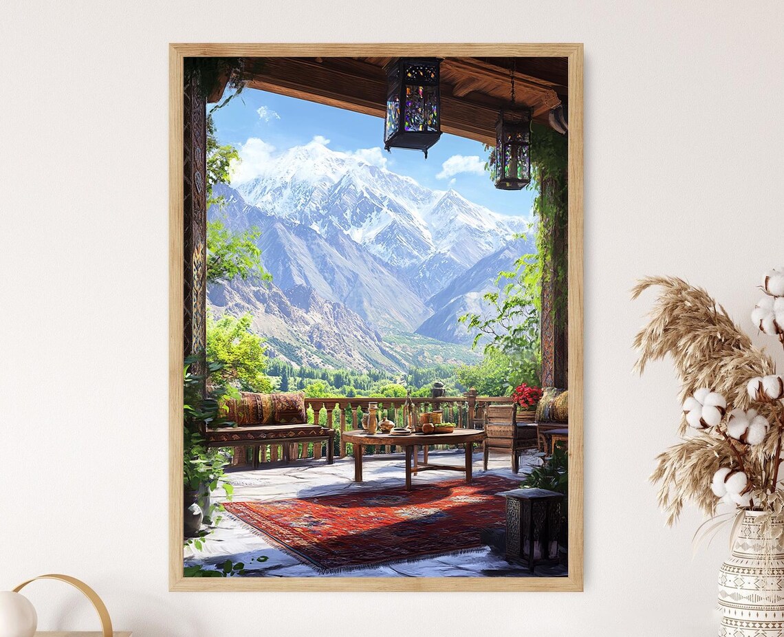 Hunza Valley Patio Art Print Wool Throw Decor Poster Gemstone Lantern Illustration