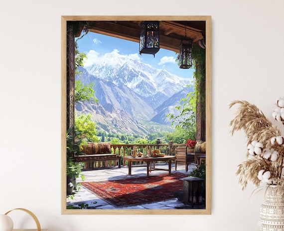 Hunza Valley Patio Art Print Wool Throw Decor Poster Gemstone Lantern Illustration