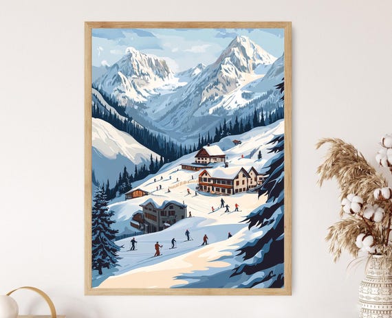 Austrian Alps Ski Lodge Art Print Winter Mountain Scene