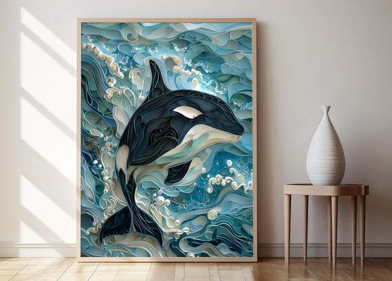 Orca Whale Swimming Through Waves Poster in Blue Quilling Paper Art Style