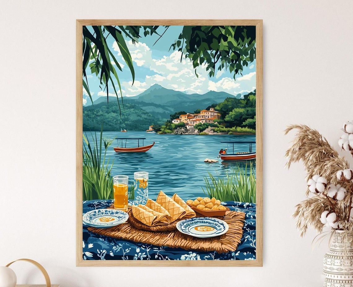 Ptzcuaro Lake Picnic Art Print Mexican Cultural Scene Mexican Restaurant Decor