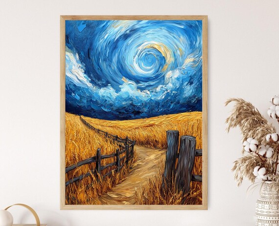 Golden Wheat Field Path Wooden Fence Swirling Vortex Sky Poster