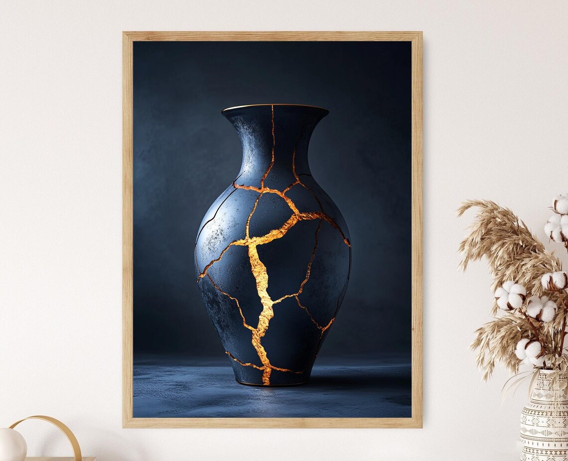 Kintsugi Japanese Vase Art Print, Elegant Zen Decor