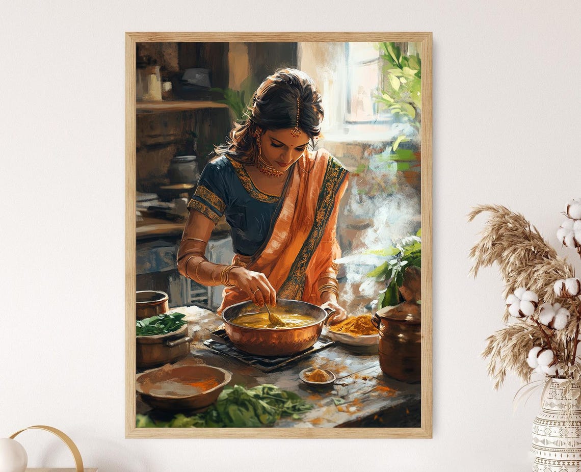 Curry Cooking Art Print Indian Rustic Kitchen Indian Restaurant Art