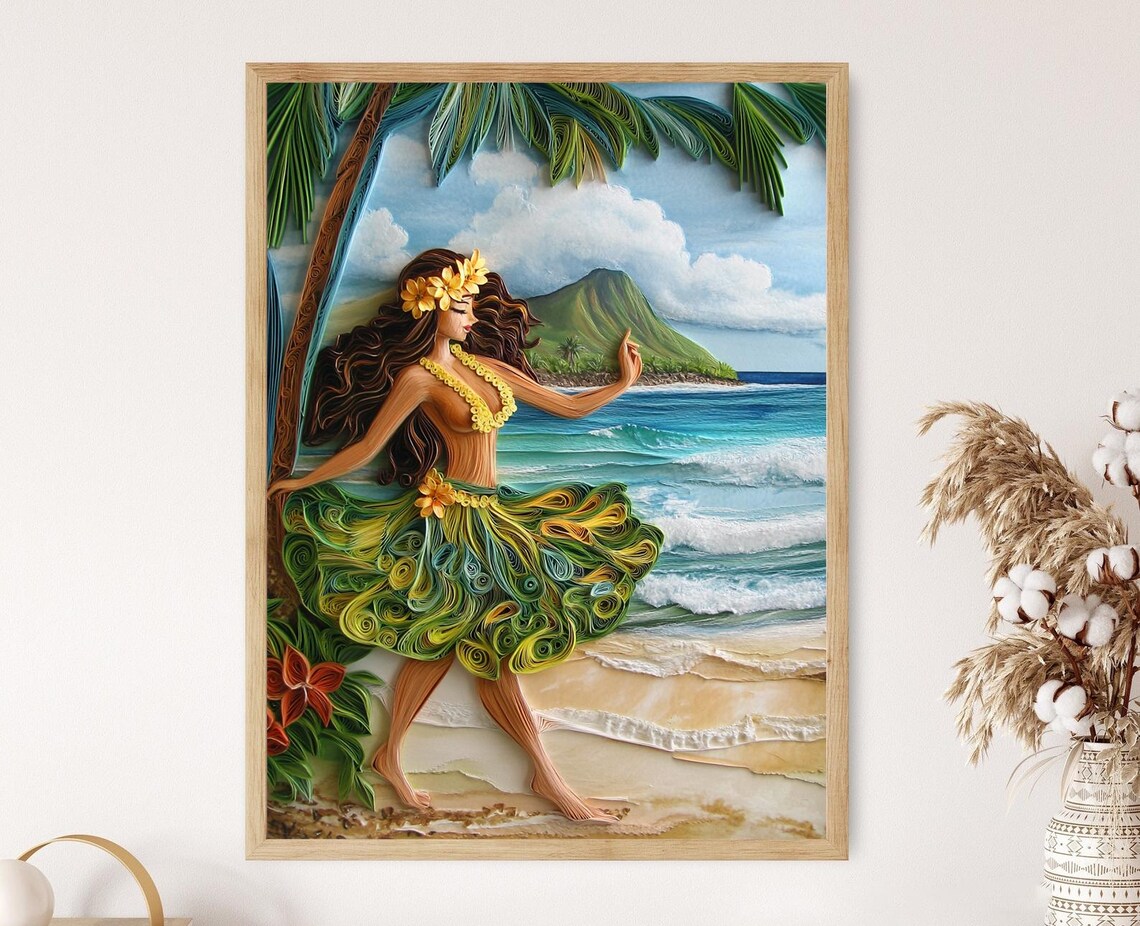 Waikiki Hula Dancer - Tropical Illustration