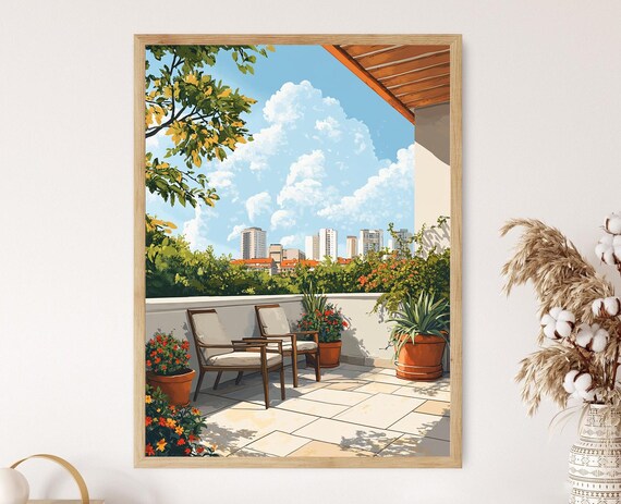Rooftop Patio Painting City Skyline Potted Plants Sunny Terrace Poster