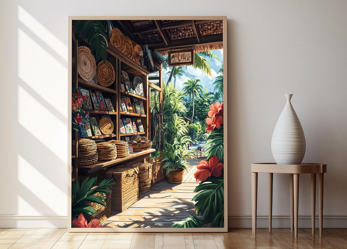 Tahitian Gift Shop Illustration, Polynesian Decor Art Print