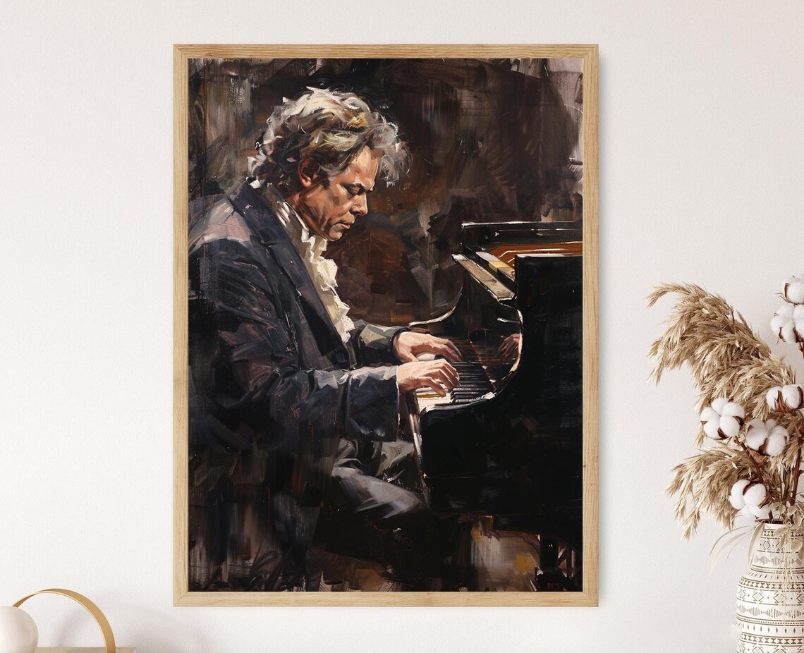 Beethoven At Grand Piano Dark Oil Painting Classical Music Poster