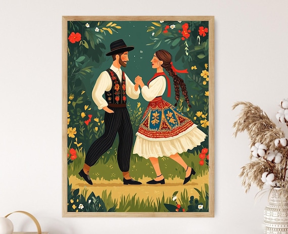 Serbian Folk Dance Couple Among Red Blossoms in a Flower Garden Poster