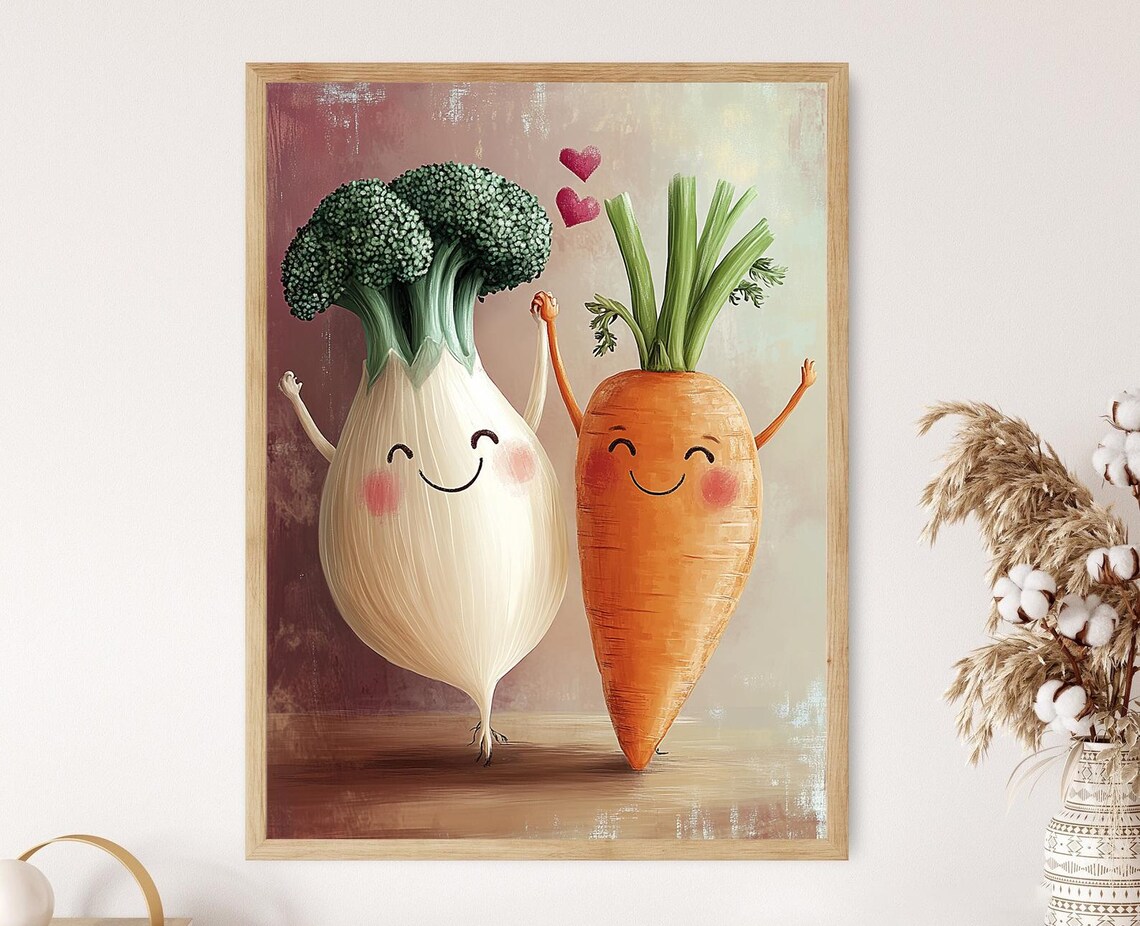 Funny Broccoli and Carrot Kitchen Illustration Art Print