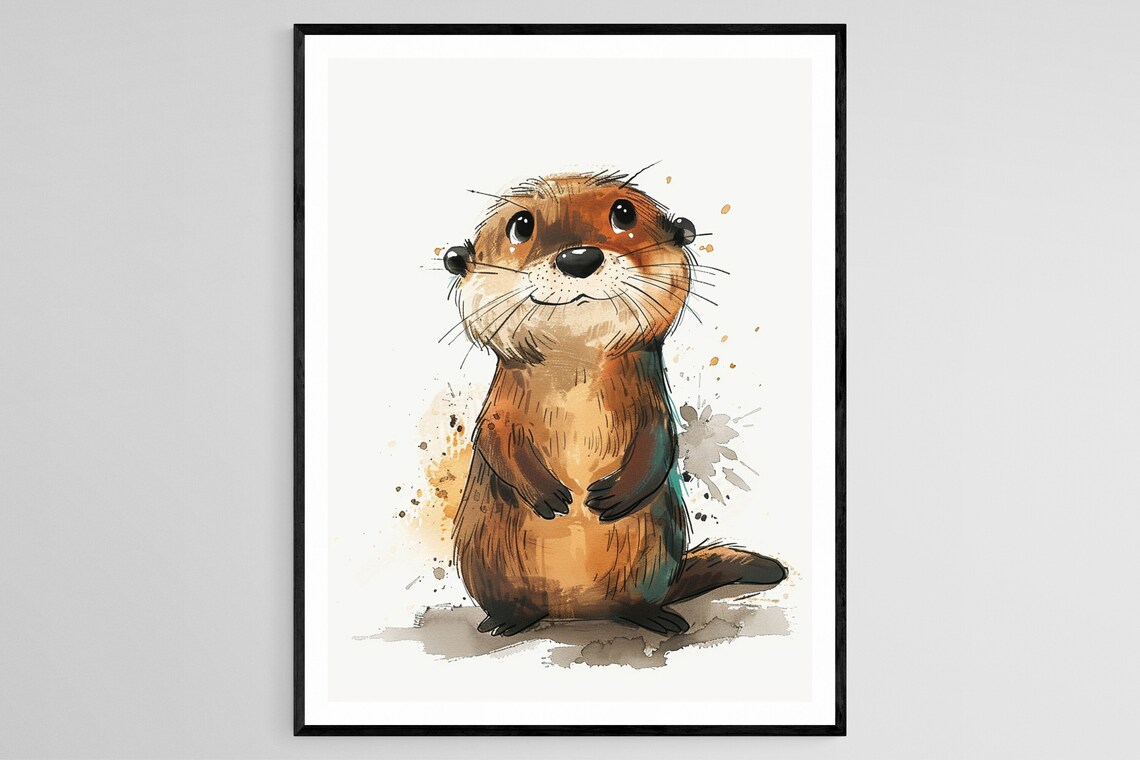 Adorable Wide-Eyed Baby Otter Watercolor Portrait Illustration Poster