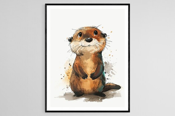 Adorable Wide-Eyed Baby Otter Watercolor Portrait Illustration Poster
