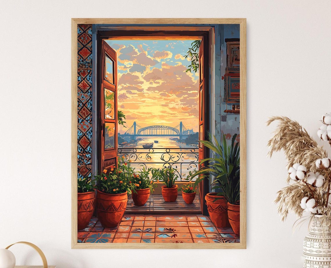 Kolkata Terrace With Kantha Decor Indian Cultural Art Howrah Bridge View Print