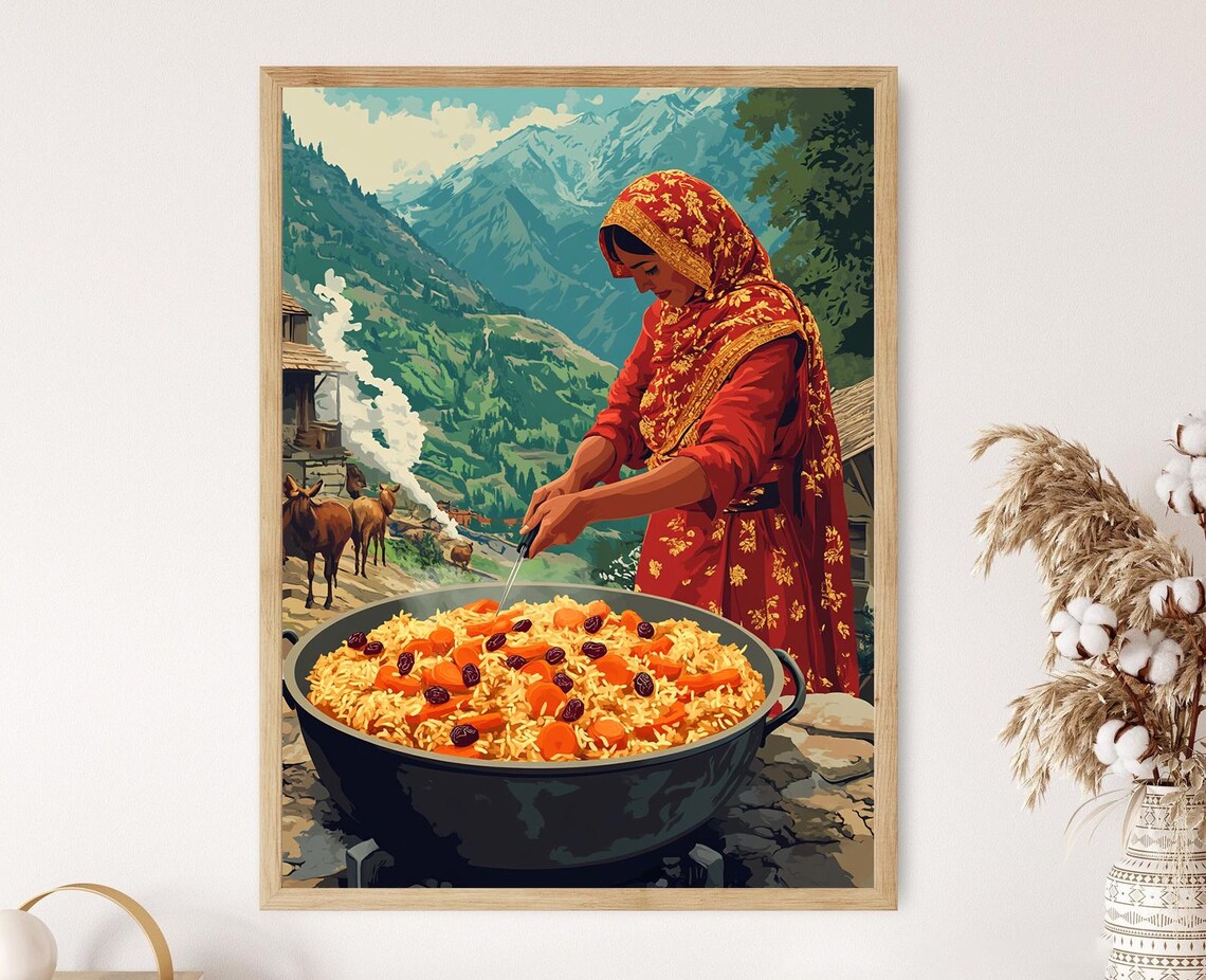 Afghan Woman Cooking Kabuli Pulao Rice in a Mountain Village Poster