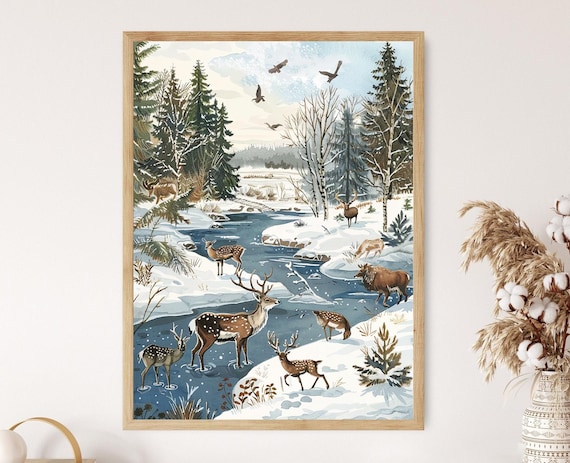 Nordic Winter Wildlife Deer and Elk at Frozen Stream Art Poster
